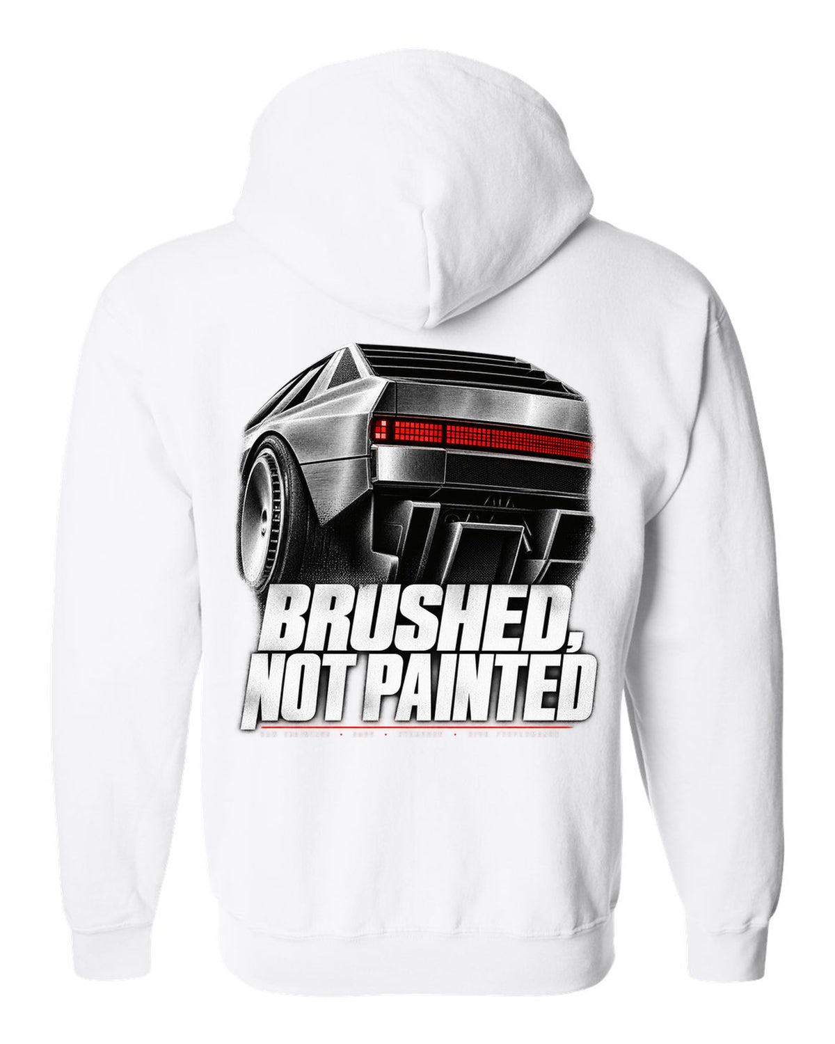 Hyundai N Vision 74 rear three-quarter macro print of pixel taillights white zip hoodie back view with the design