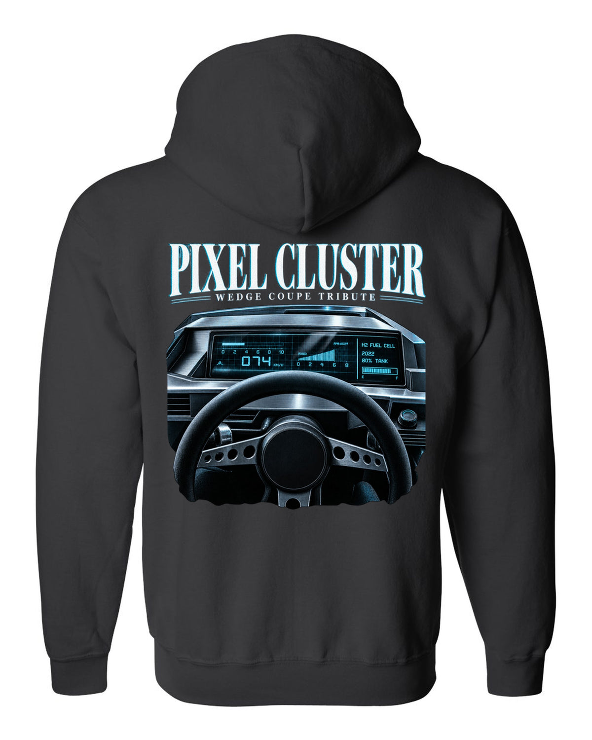 Hyundai N Vision 74 cockpit gauge print with pixel cluster and fuel cell readout black zip hoodie back view with the design