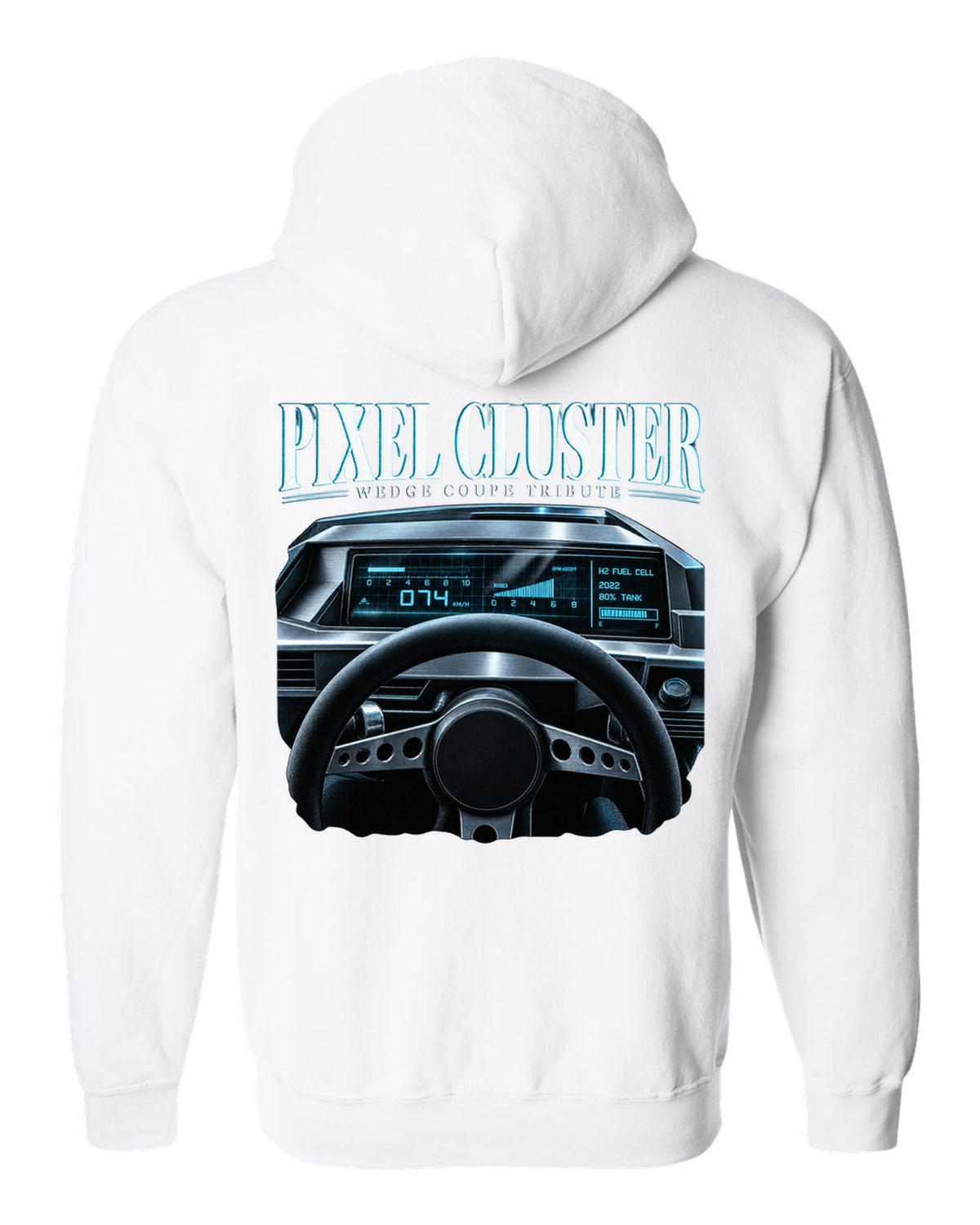 Hyundai N Vision 74 cockpit gauge print with pixel cluster and fuel cell readout white zip hoodie back view with the design
