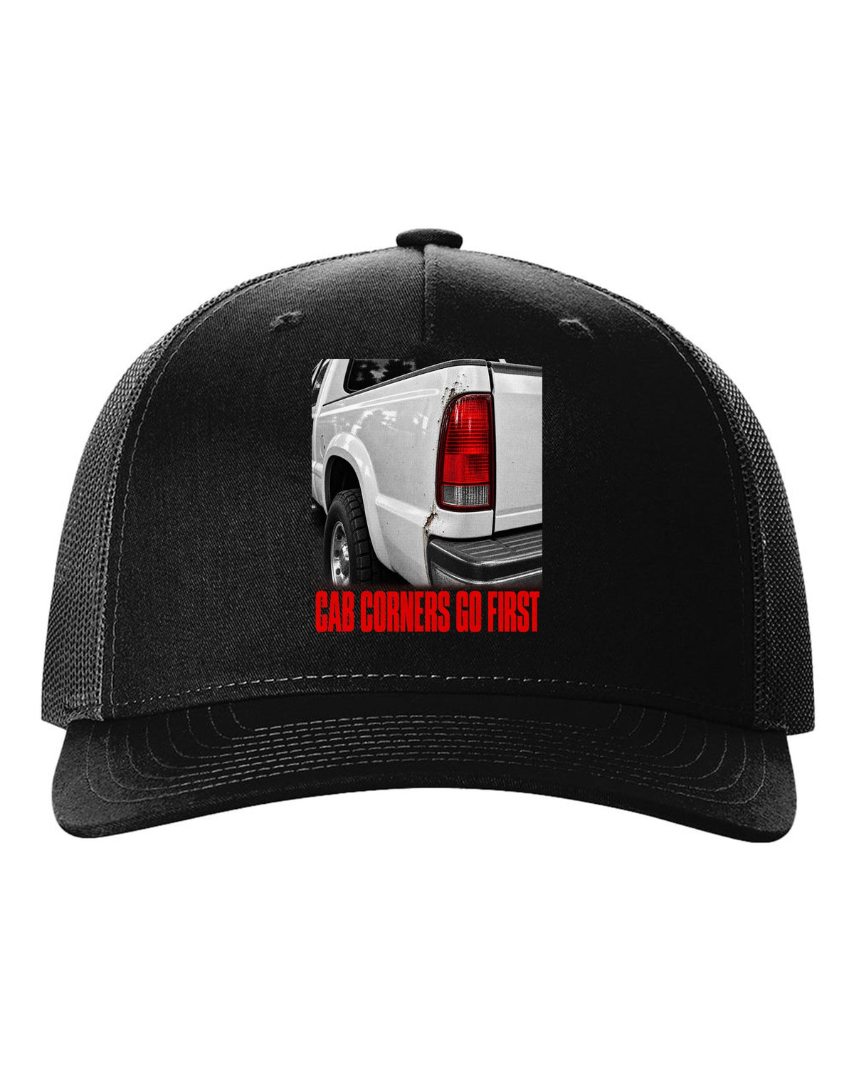 NBS Silverado taillight detail with cab corner rust, print black hat front view with the design