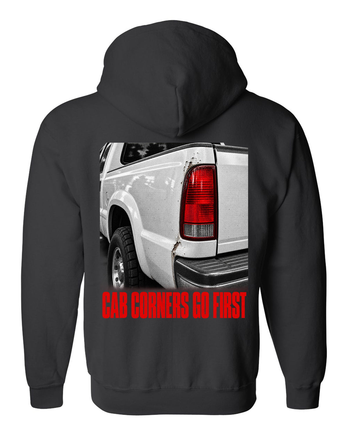 NBS Silverado taillight detail with cab corner rust, print black zip hoodie back view with the design