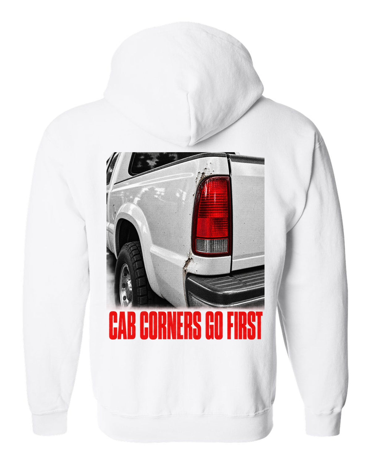 NBS Silverado taillight detail with cab corner rust, print white zip hoodie back view with the design
