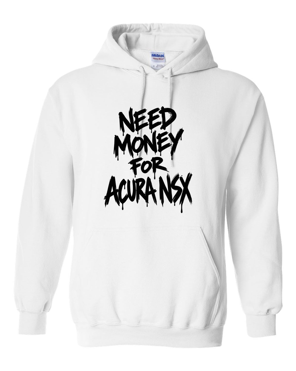 Need money for Acura NSX dripping marker text white pull over hoodie front view with the design