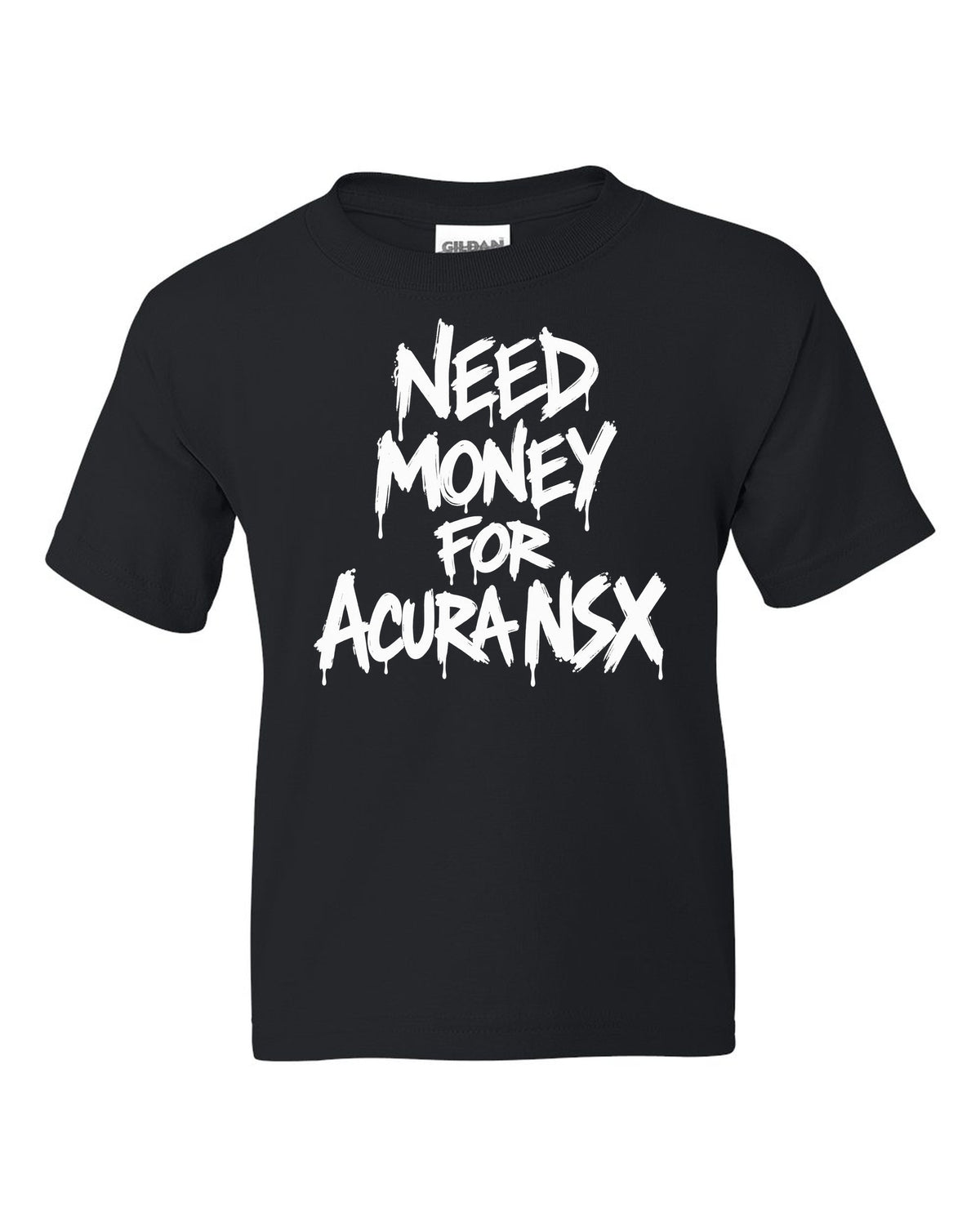 Need money for Acura NSX dripping marker text black kids tee front view with the design