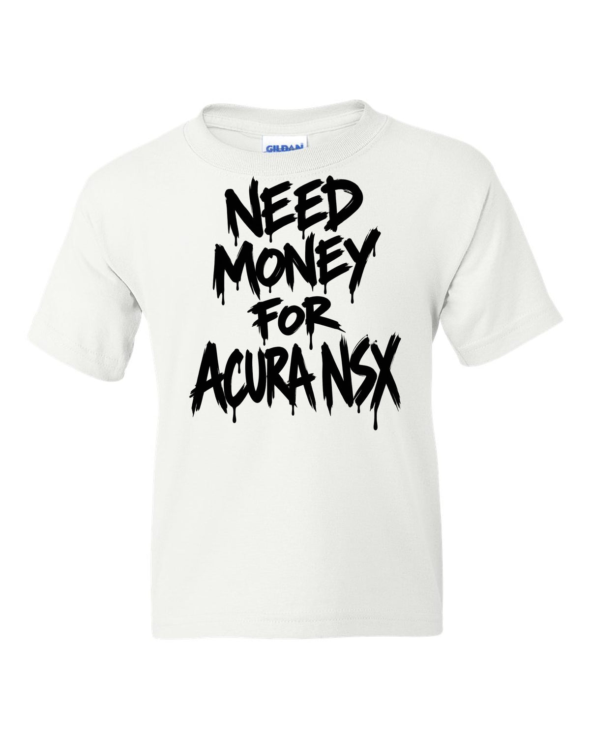 Need money for Acura NSX dripping marker text white kids tee front view with the design
