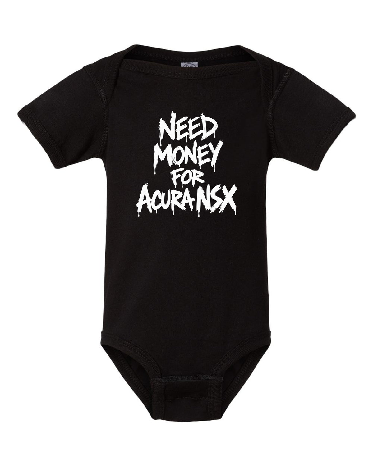 Need money for Acura NSX dripping marker text black baby onesie front view with the design