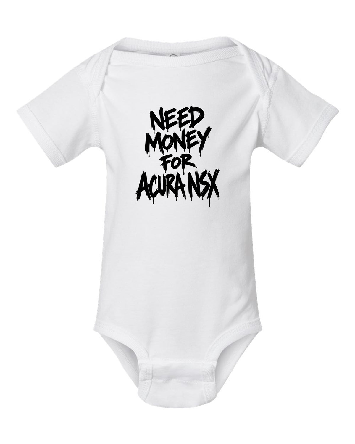 Need money for Acura NSX dripping marker text white baby onesie front view with the design