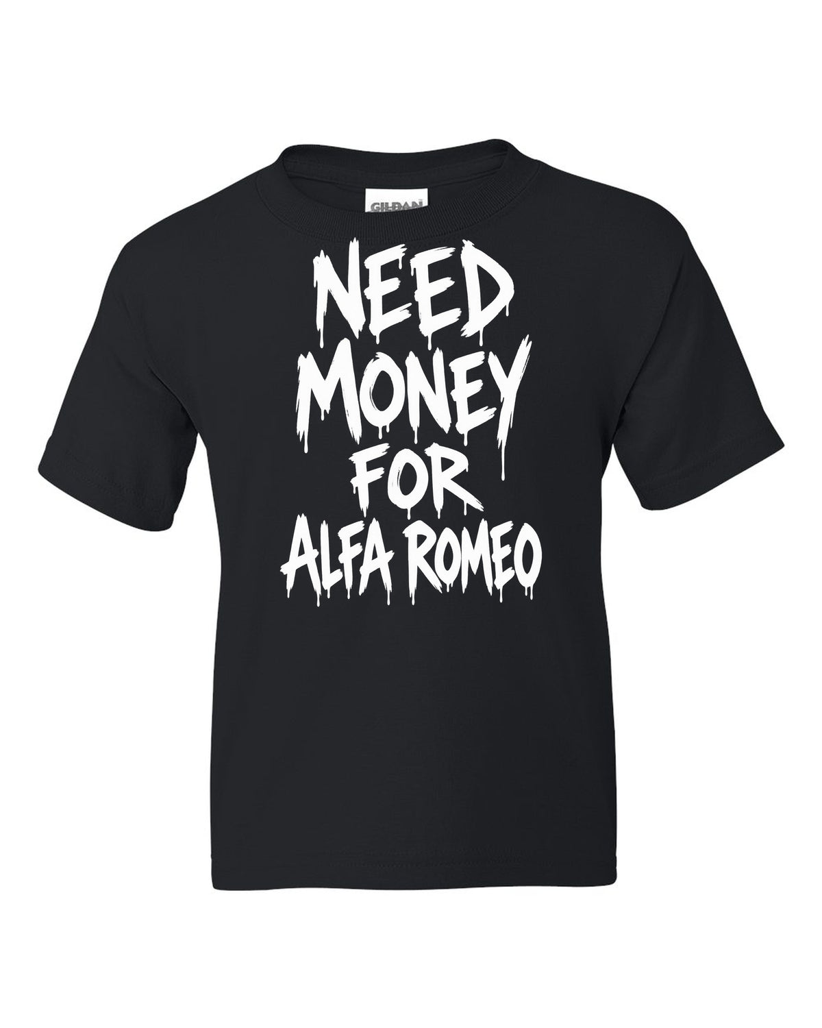 Need money for Alfa Romeo dripping marker text black kids tee front view with the design