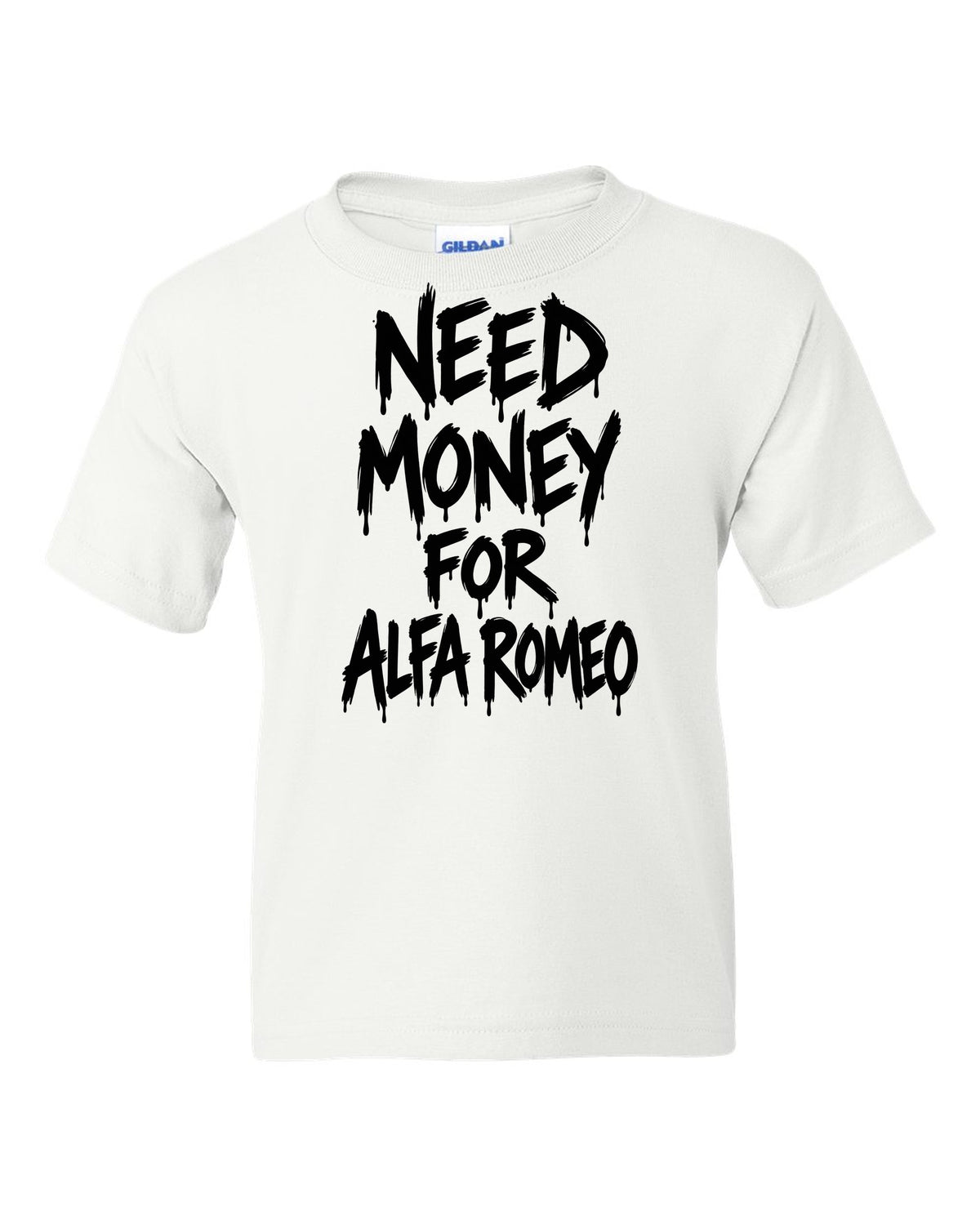 Need money for Alfa Romeo dripping marker text white kids tee front view with the design