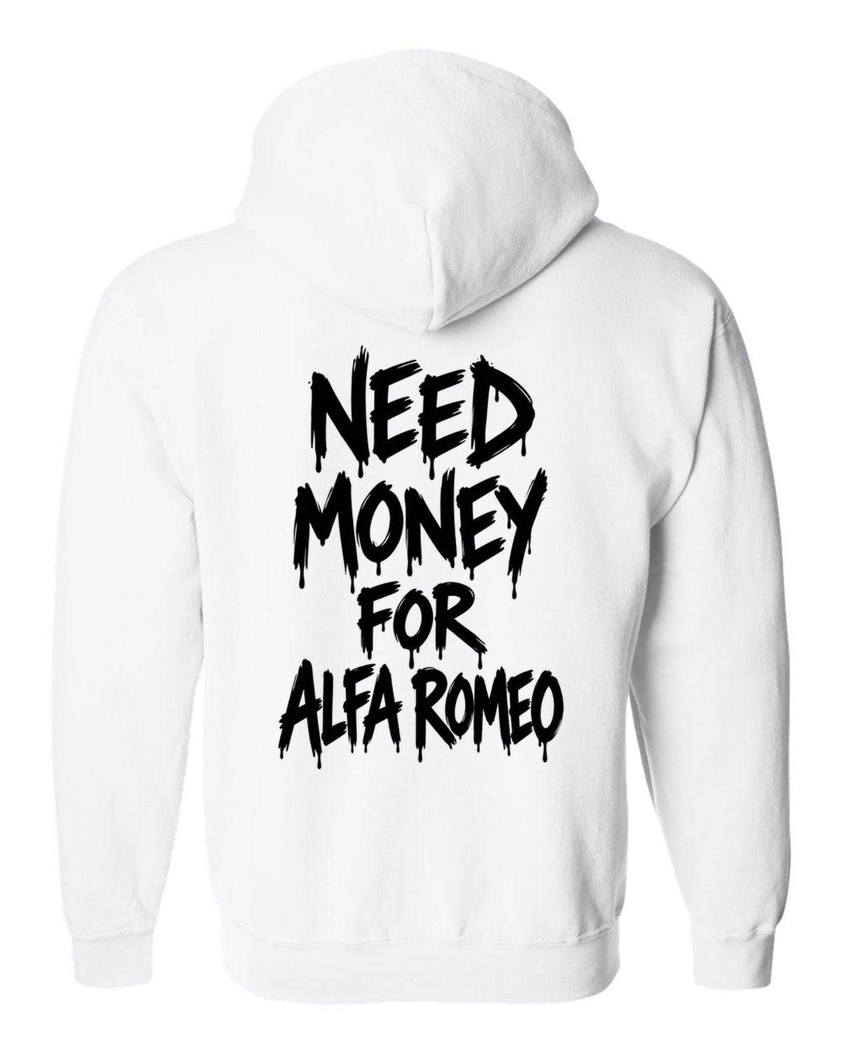 Need money for Alfa Romeo dripping marker text white zip hoodie back view with the design