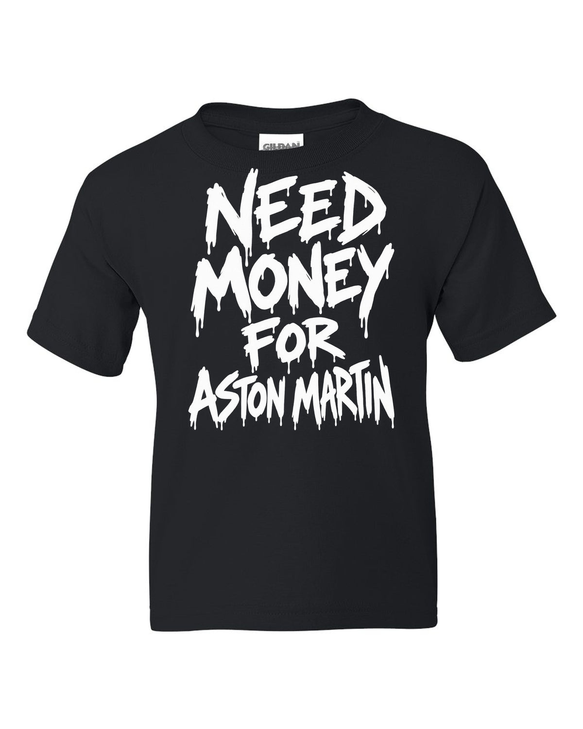 Need money for Aston Martin dripping marker text black kids tee front view with the design