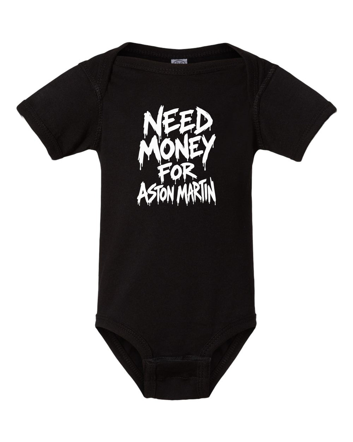 Need money for Aston Martin dripping marker text black baby onesie front view with the design