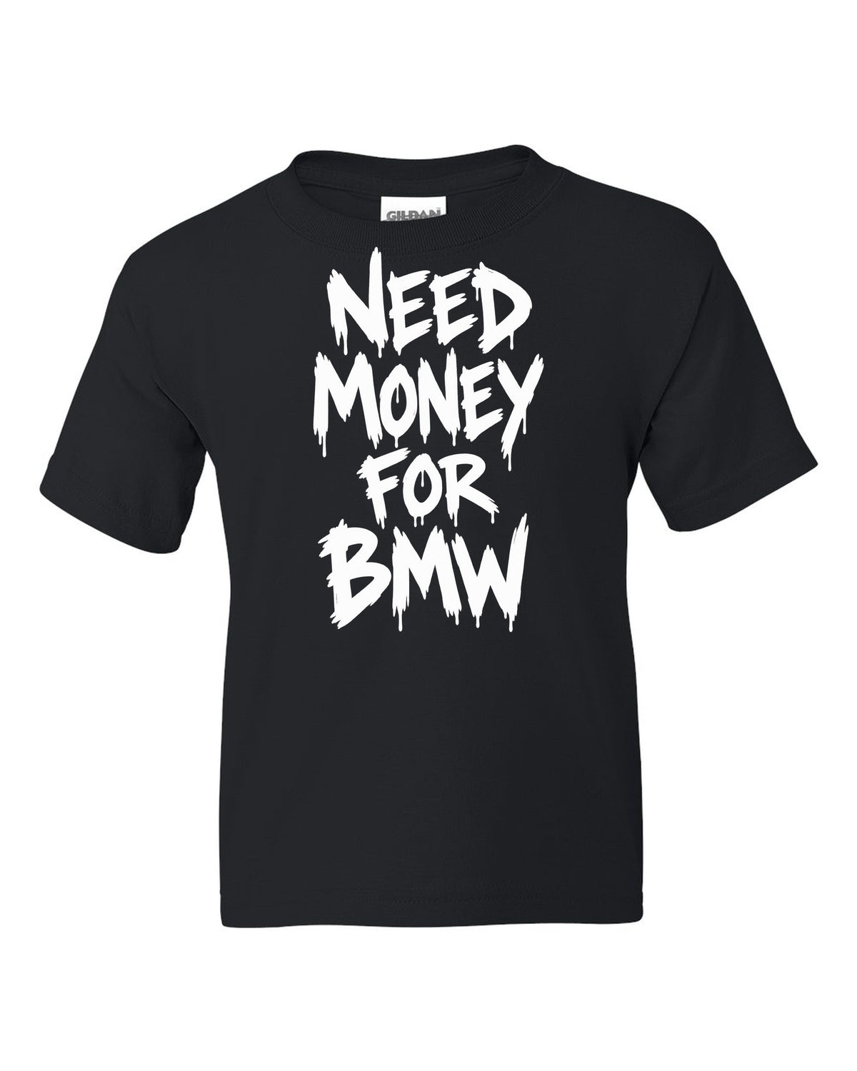Need money for BMW dripping marker text black kids tee front view with the design