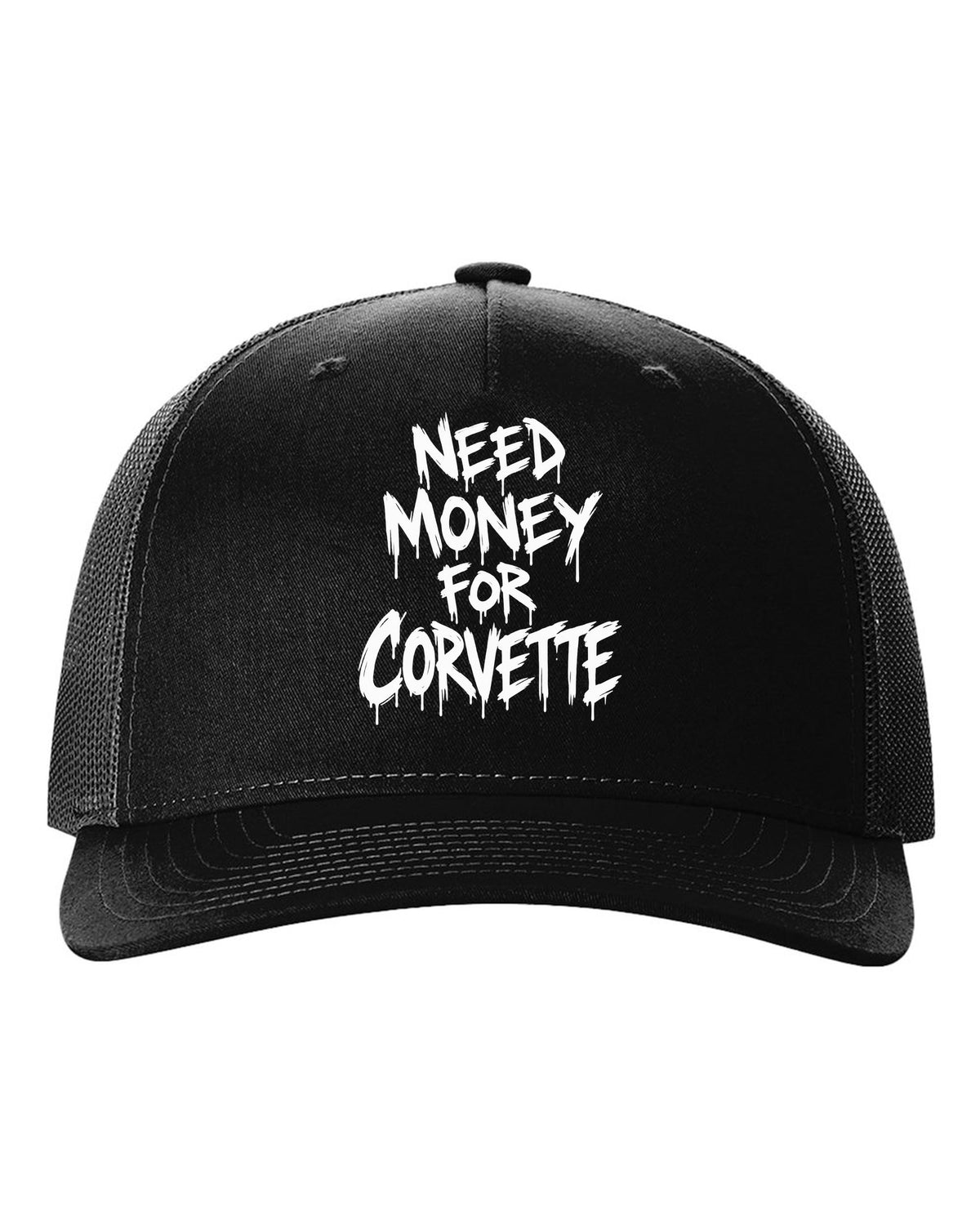 Need money for Corvette dripping marker text black hat front view with the design