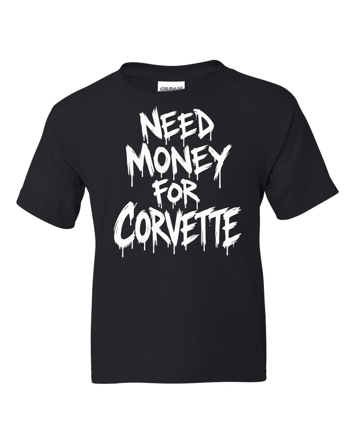 Need money for Corvette dripping marker text black kids tee front view with the design