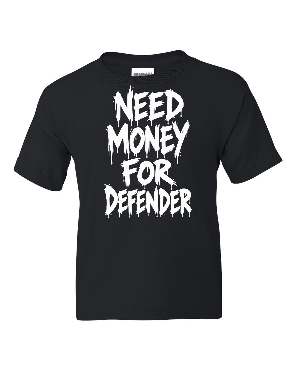 Need money for Defender dripping marker text black kids tee front view with the design