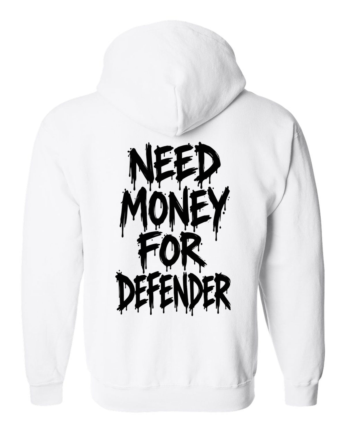 Need money for Defender dripping marker text white zip hoodie back view with the design