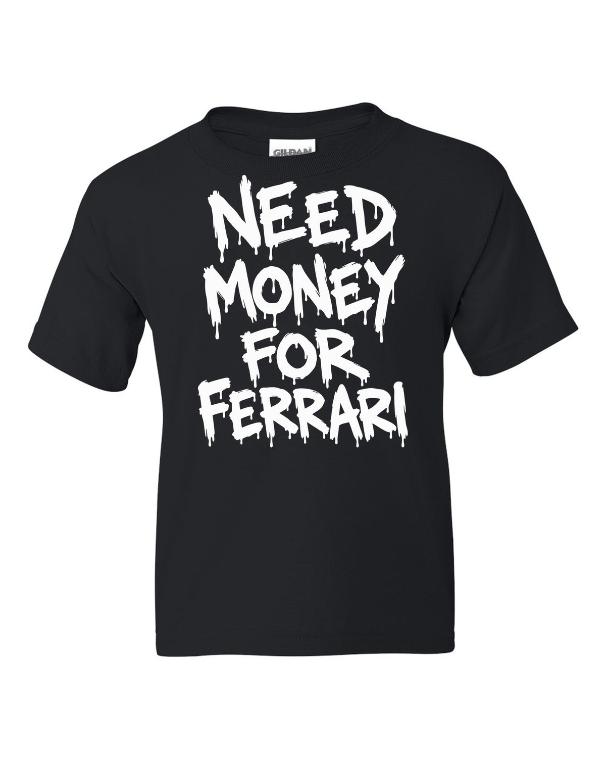 Need money for Ferrari dripping marker text black kids tee front view with the design