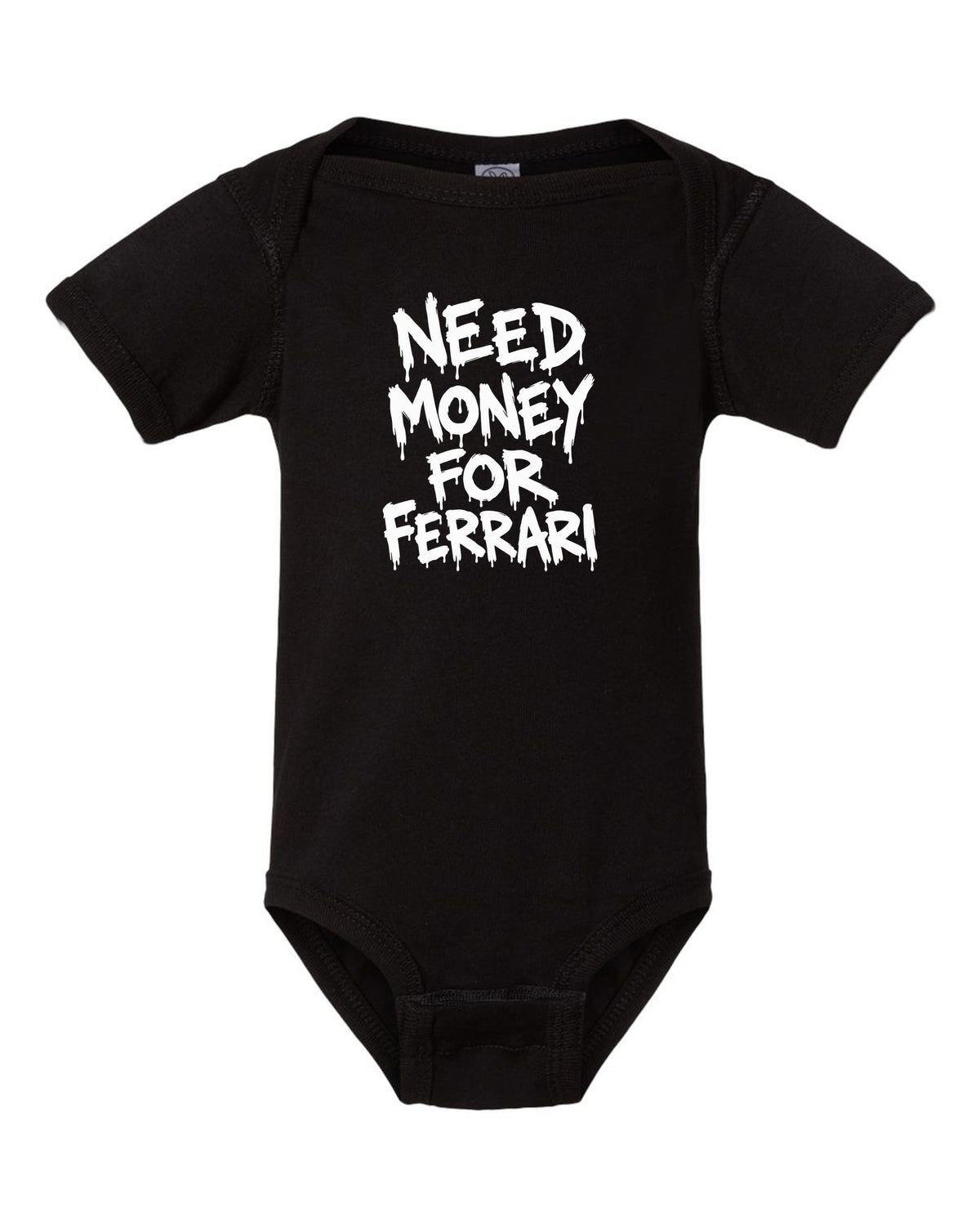 Need money for Ferrari dripping marker text black baby onesie front view with the design