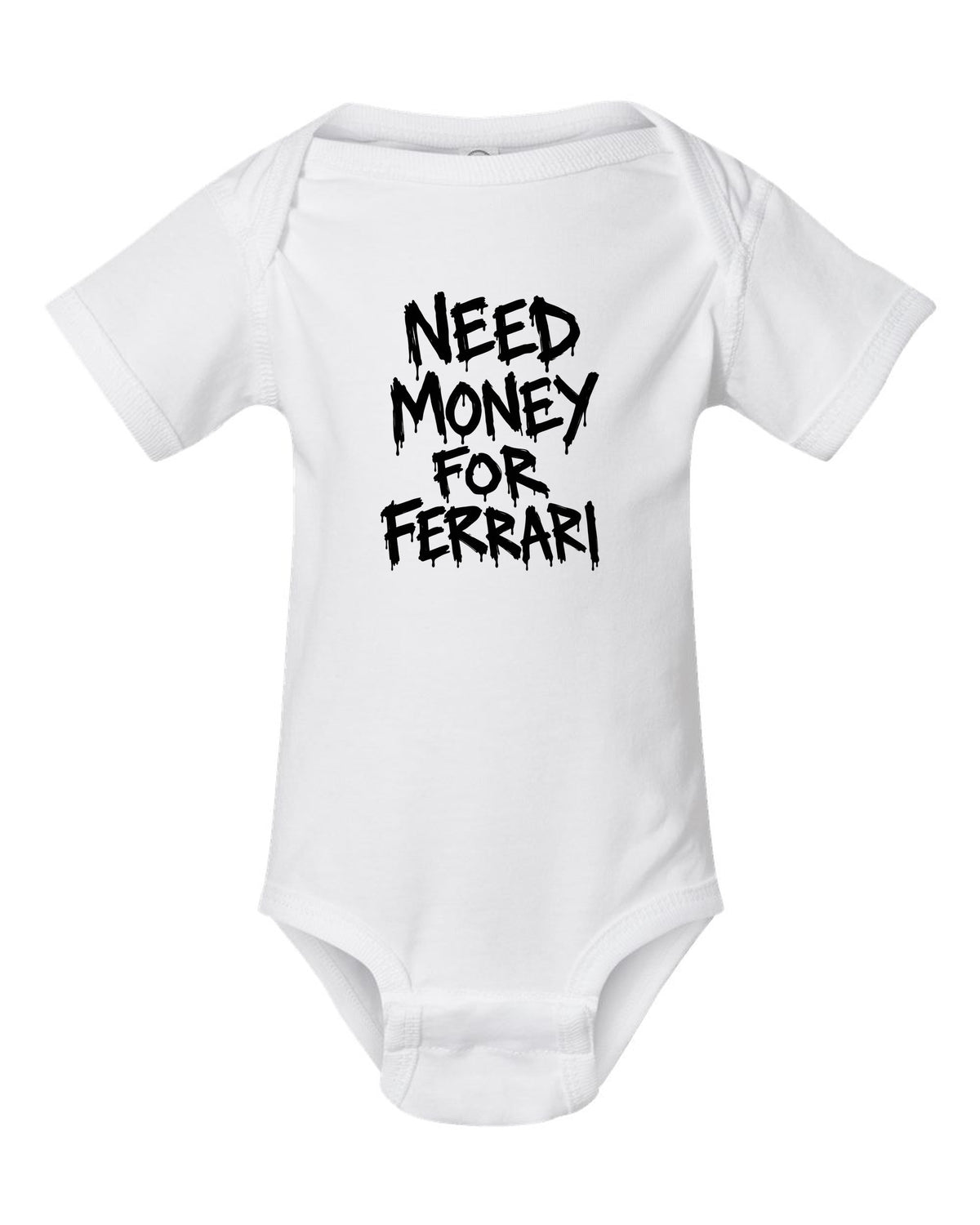 Need money for Ferrari dripping marker text white baby onesie front view with the design
