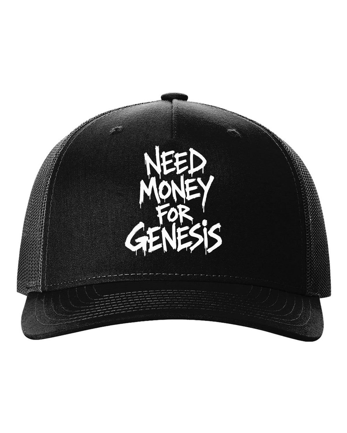 Need money for Genesis dripping marker text black hat front view with the design