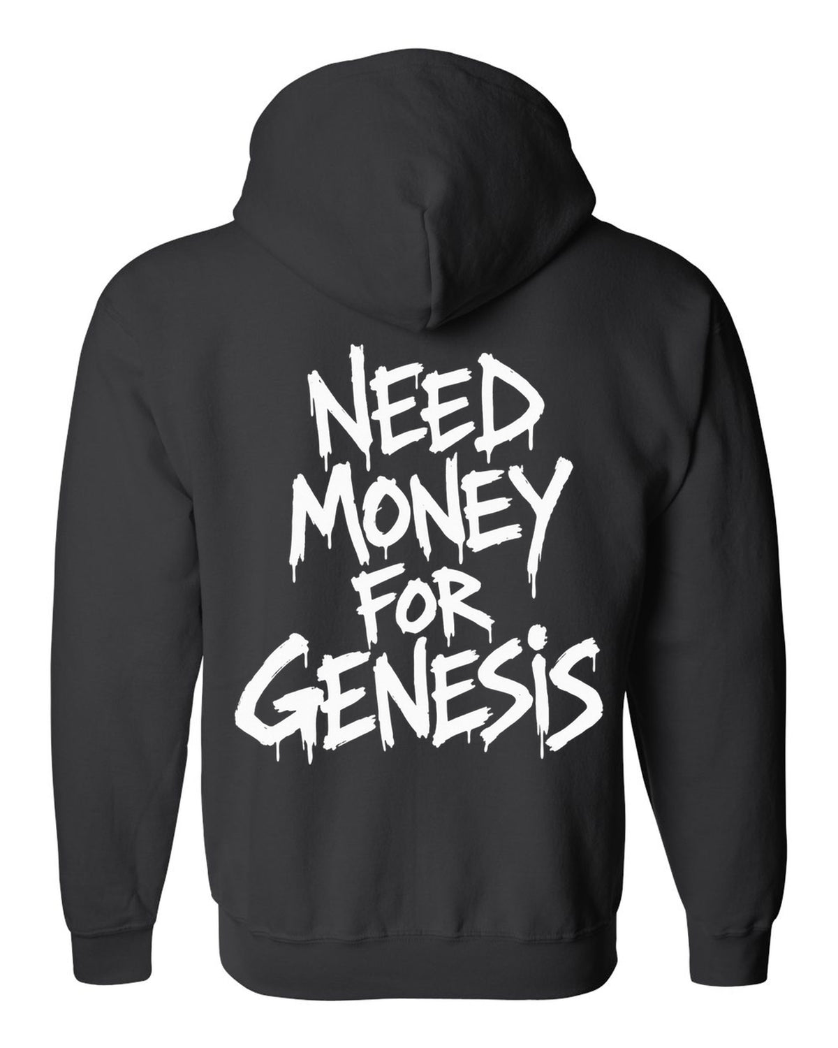 Need money for Genesis dripping marker text black zip hoodie back view with the design