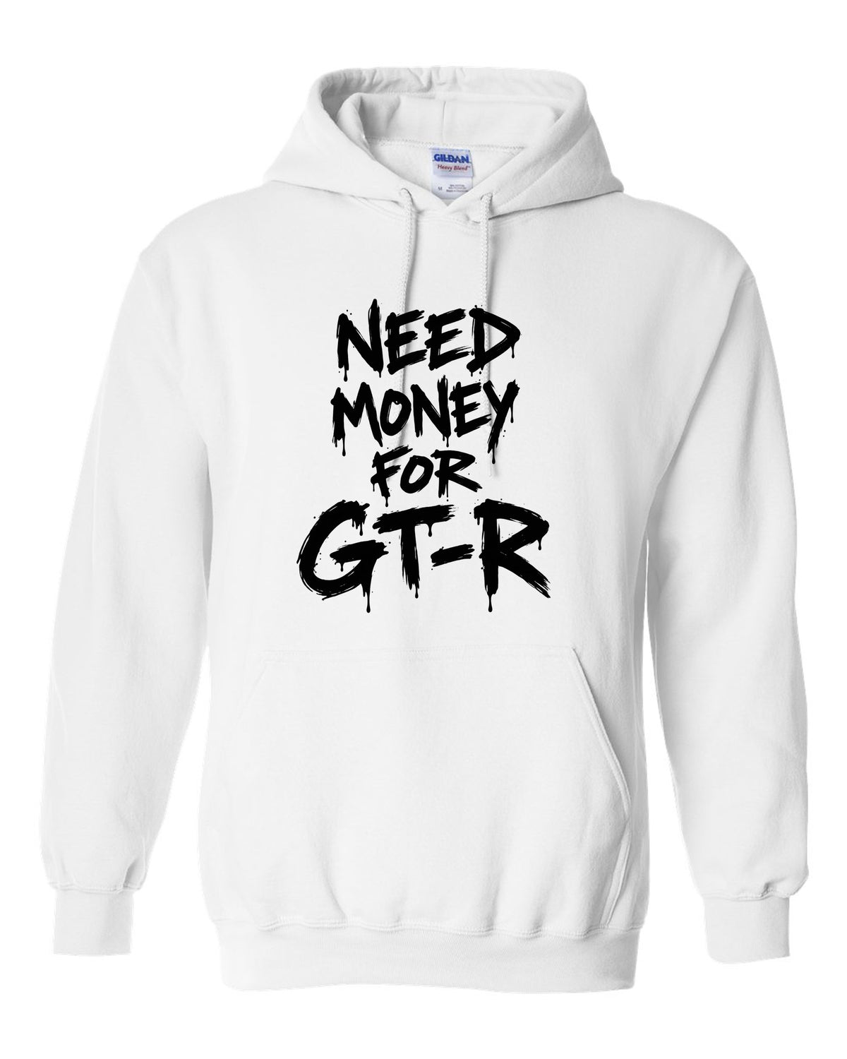 Need money for Nissan GT-R dripping marker text white pull over hoodie front view with the design