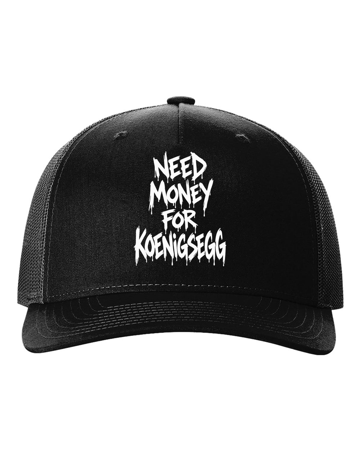 Need money for Koenigsegg dripping marker text black hat front view with the design