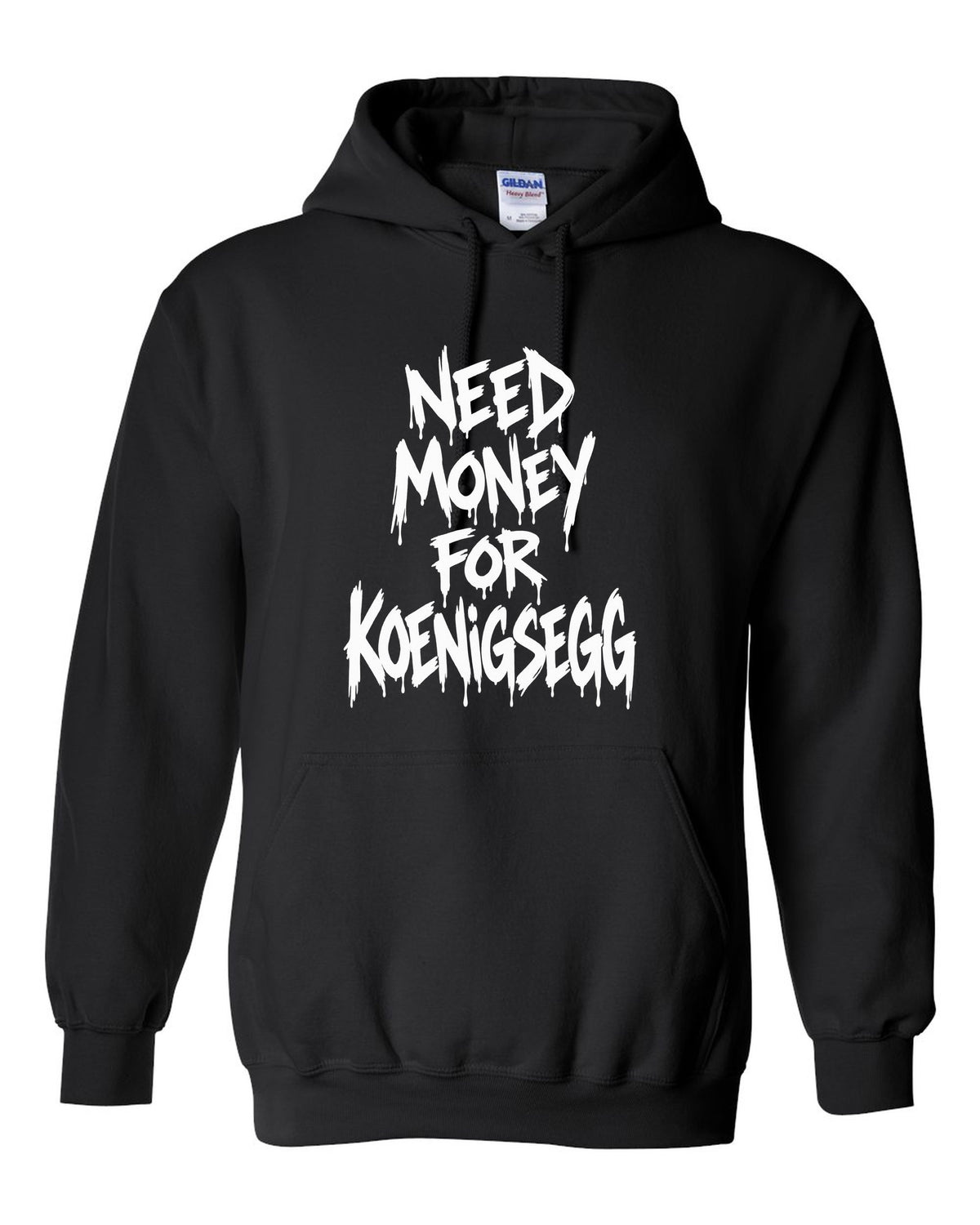 Need money for Koenigsegg dripping marker text black pull over hoodie front view with the design