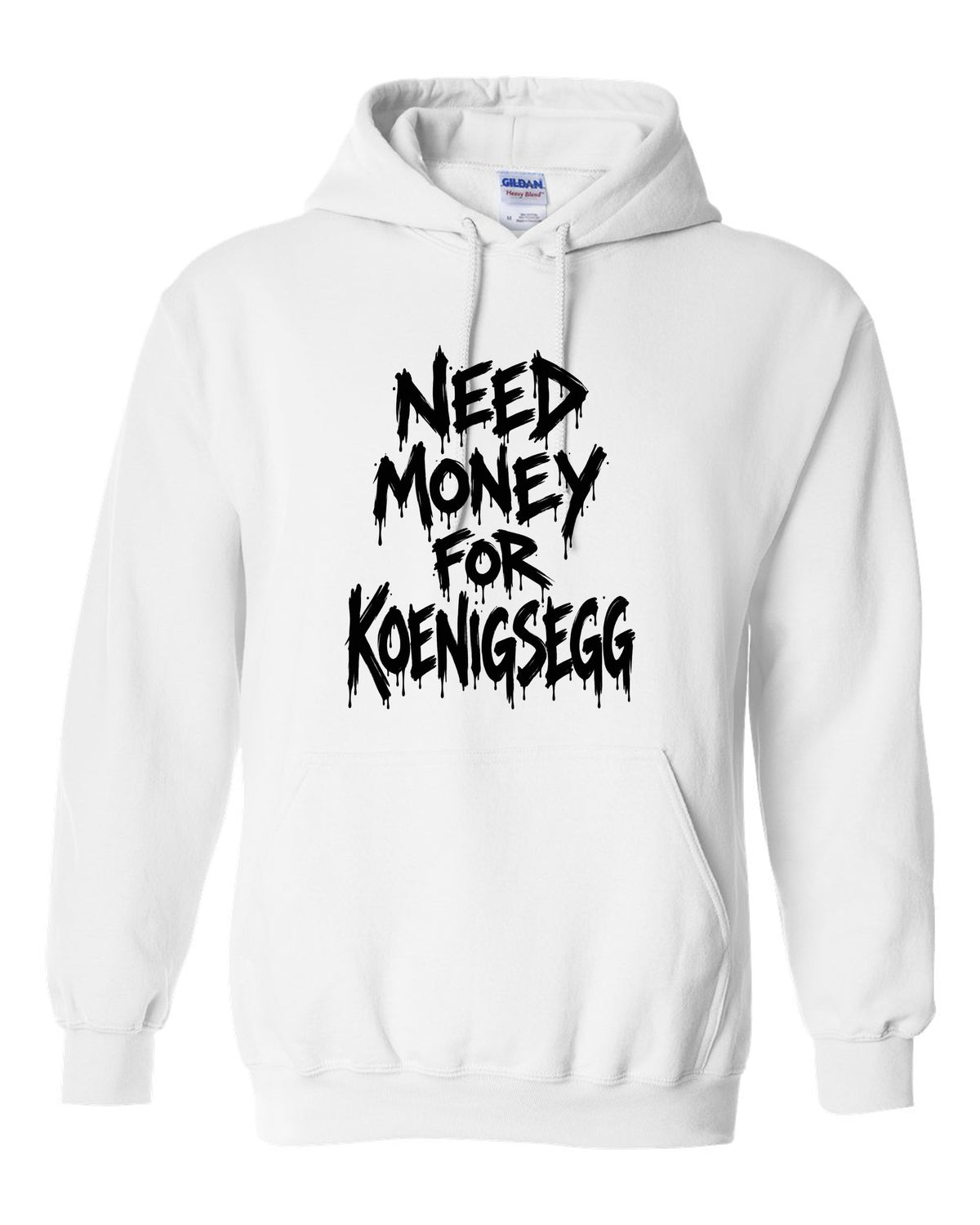 Need money for Koenigsegg dripping marker text white pull over hoodie front view with the design