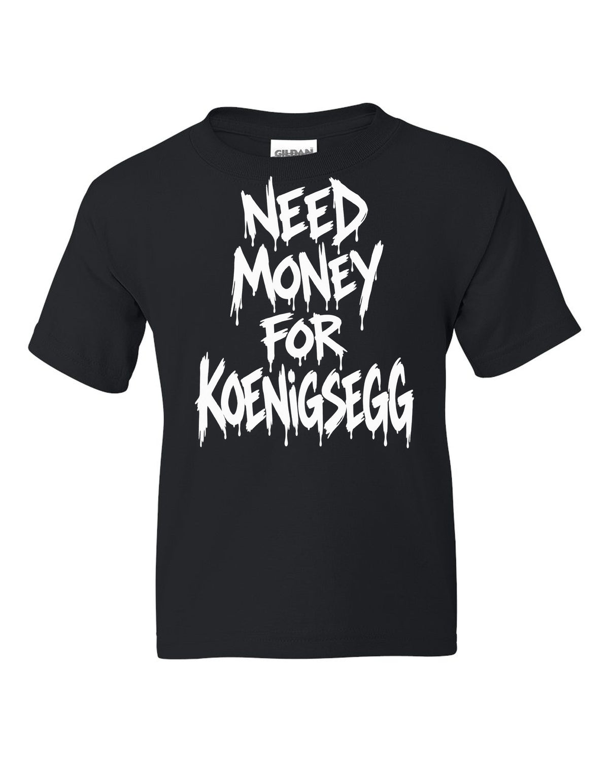 Need money for Koenigsegg dripping marker text black kids tee front view with the design