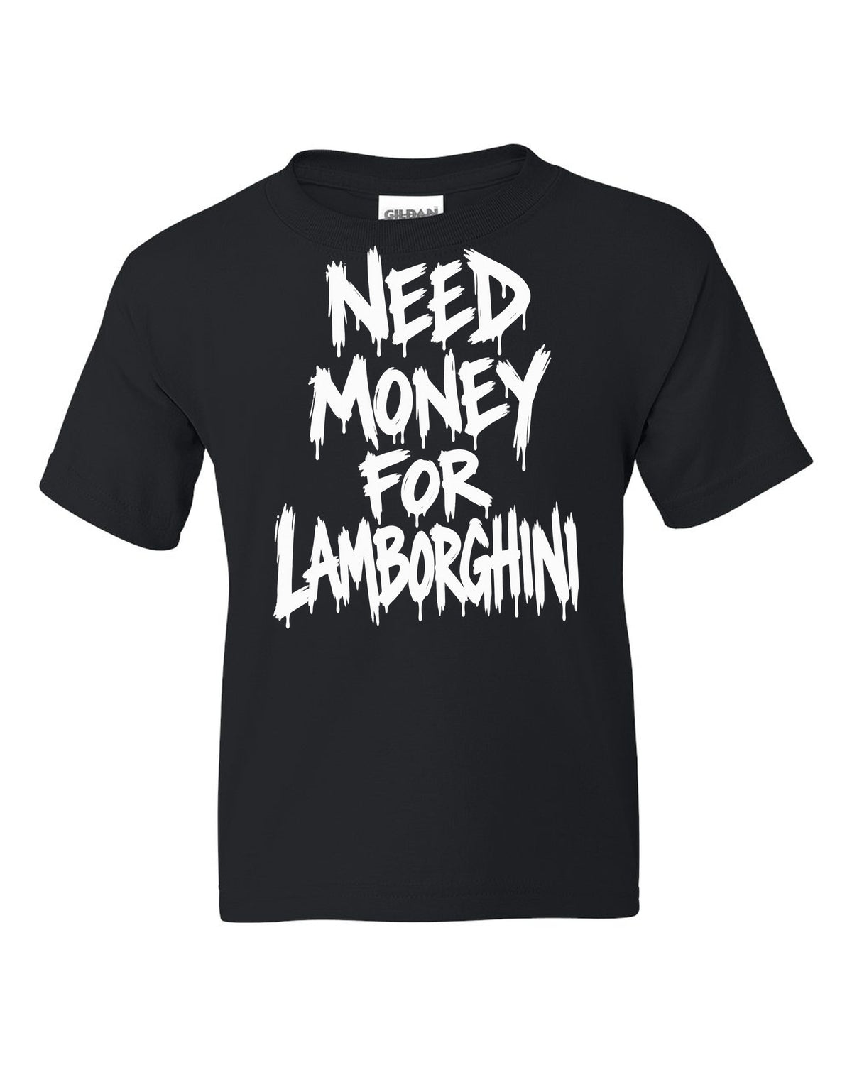 Need money for Lamborghini dripping marker text black kids tee front view with the design