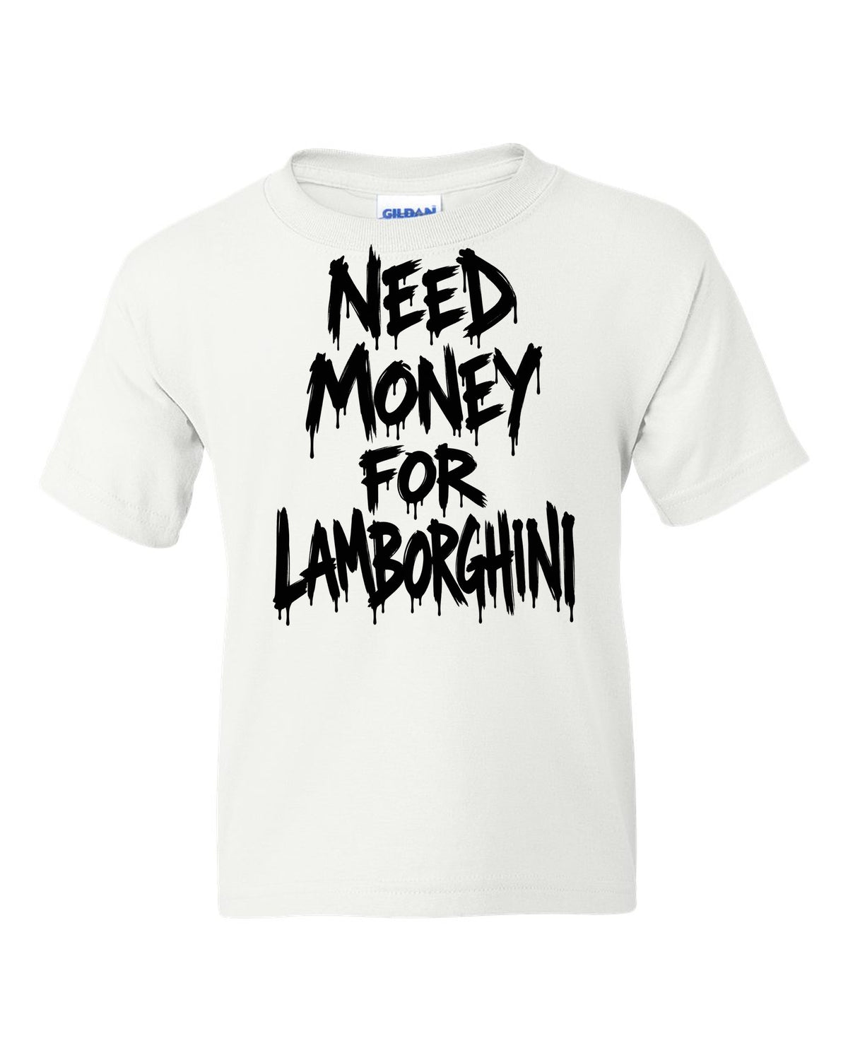 Need money for Lamborghini dripping marker text white kids tee front view with the design