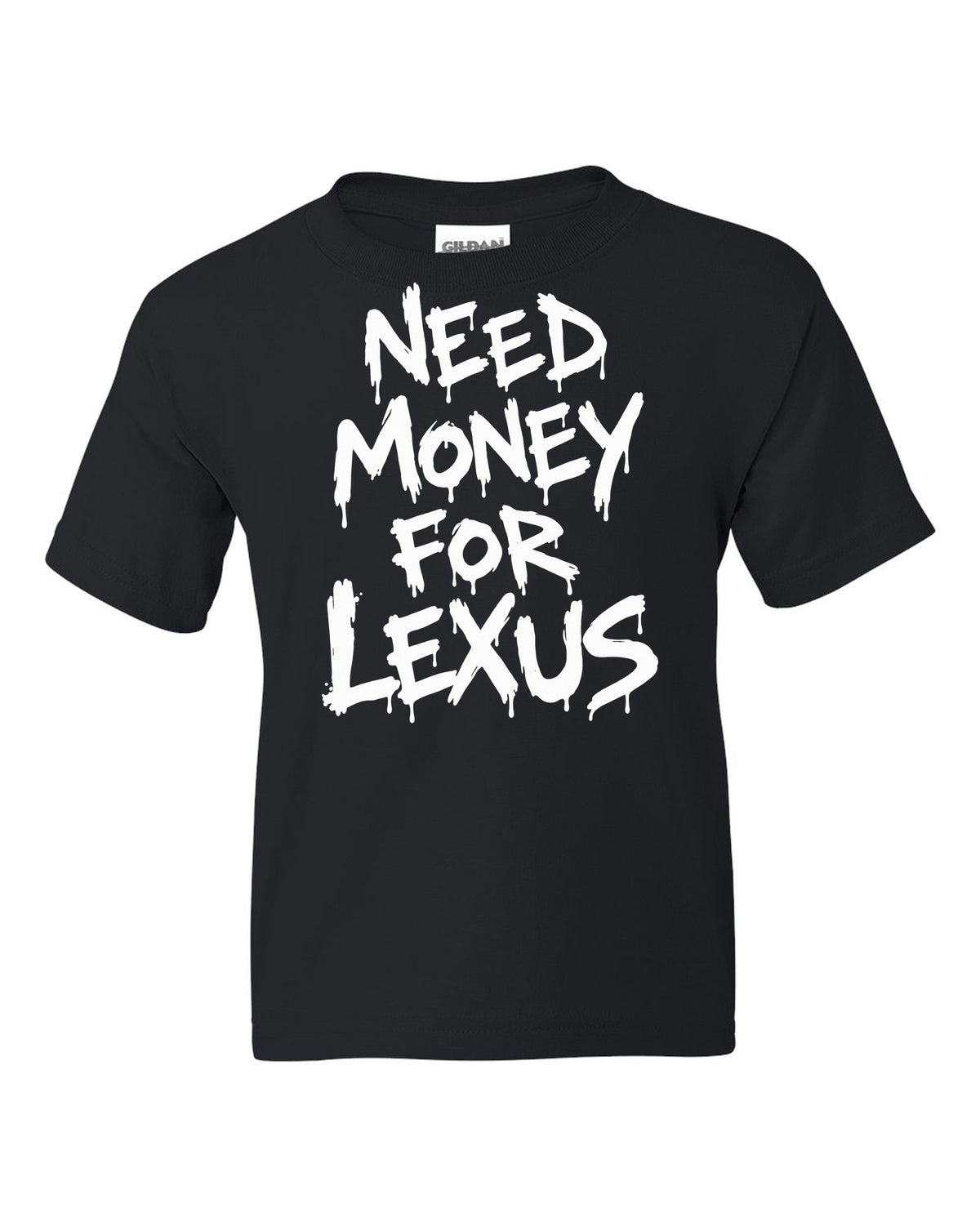 Need money for Lexus dripping marker text black kids tee front view with the design