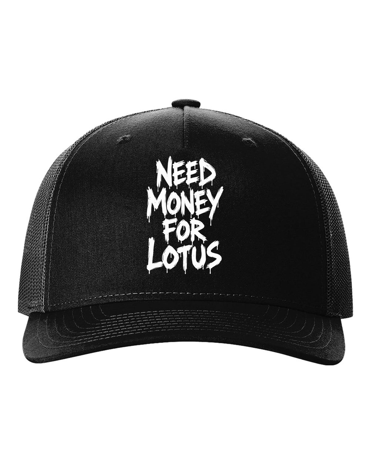 Need money for Lotus dripping marker text black hat front view with the design