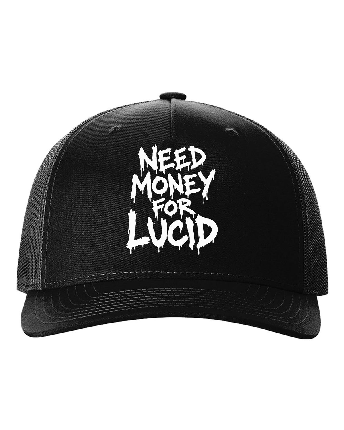 Need money for Lucid dripping marker text black hat front view with the design