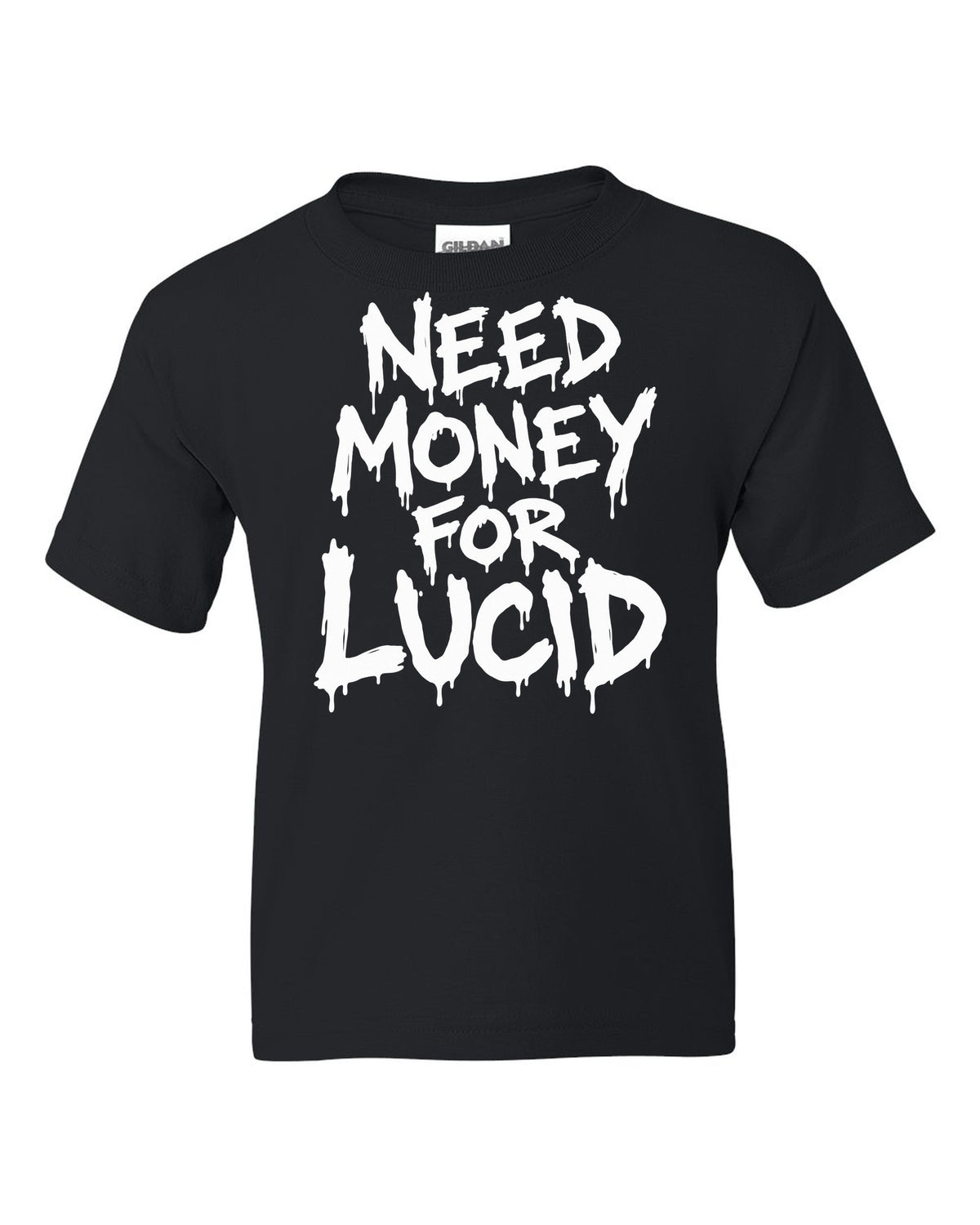 Need money for Lucid dripping marker text black kids tee front view with the design