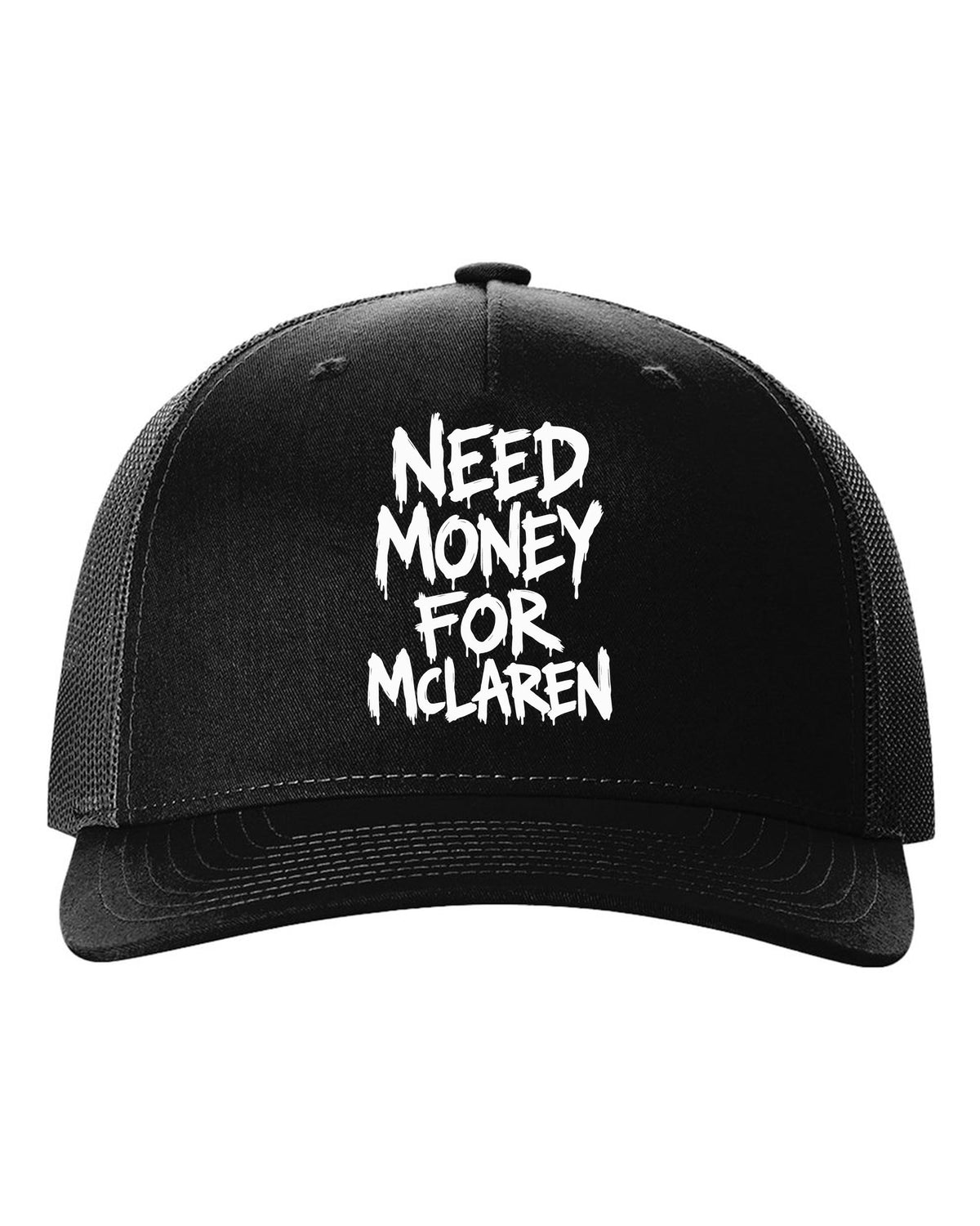 Need money for McLaren dripping marker text black hat front view with the design