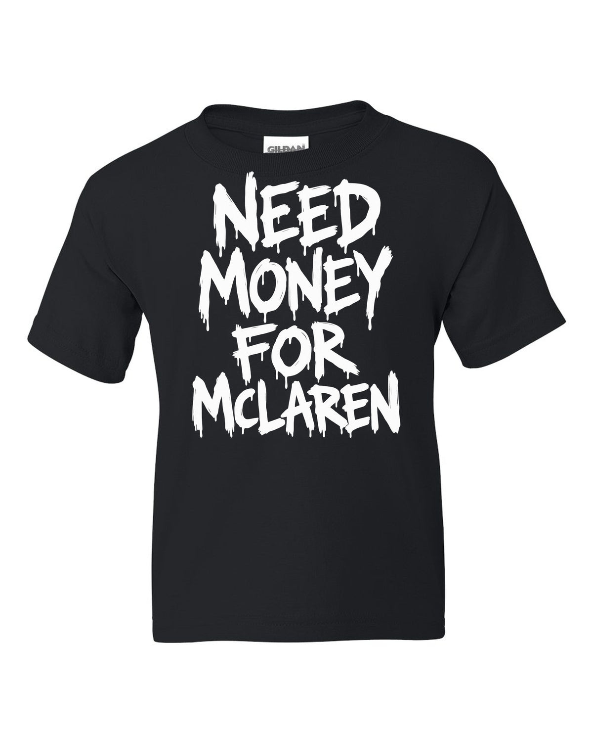 Need money for McLaren dripping marker text black kids tee front view with the design