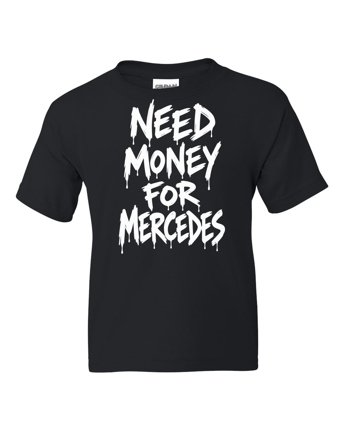 Need money for Mercedes dripping marker text black kids tee front view with the design