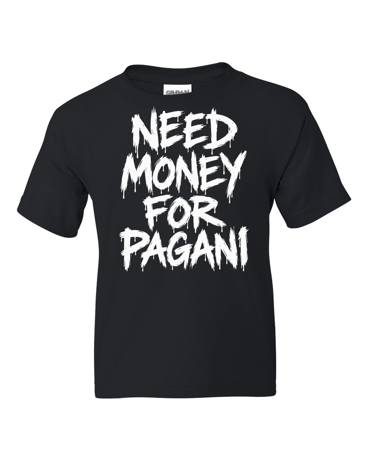 Need money for Pagani dripping marker text black kids tee front view with the design