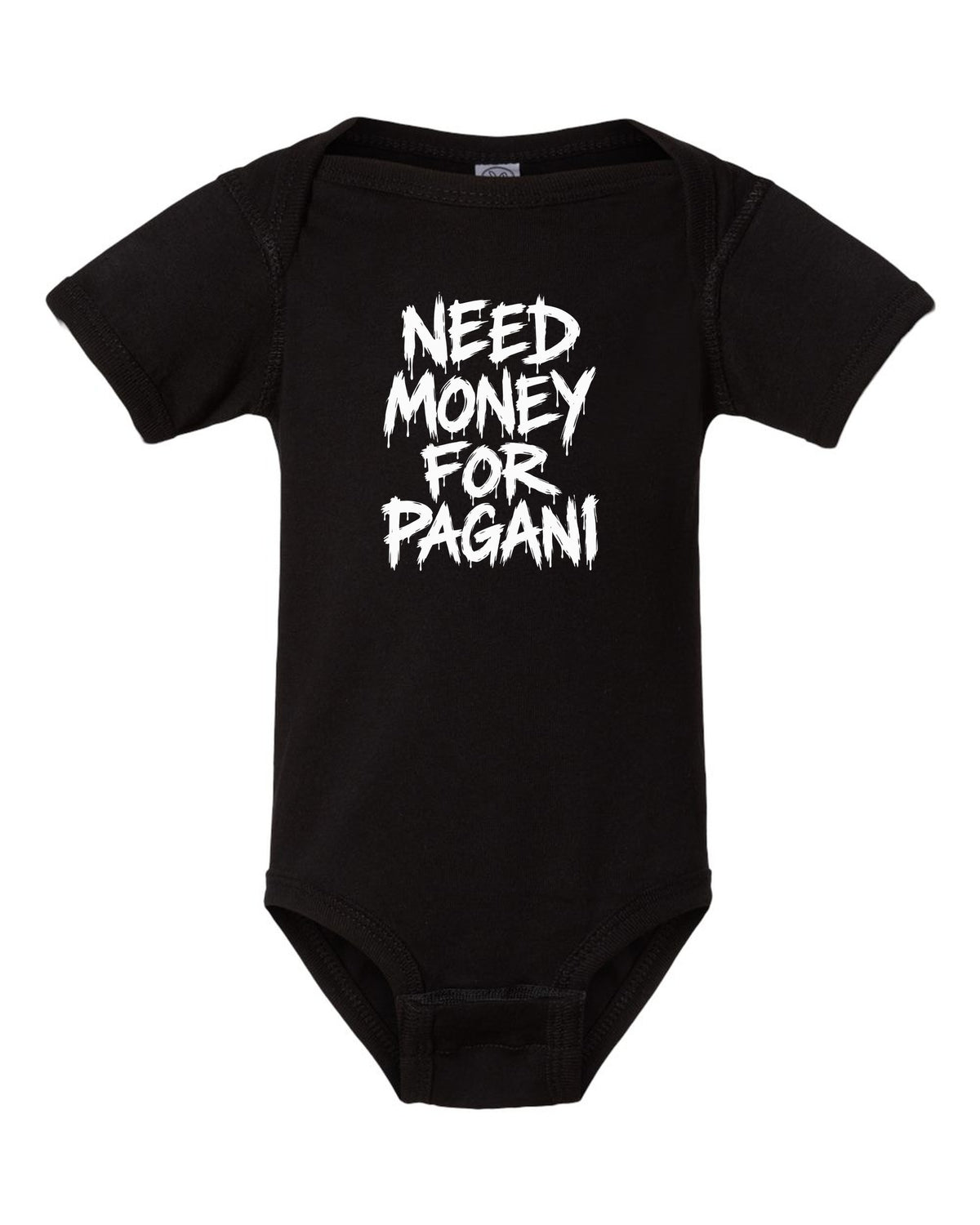 Need money for Pagani dripping marker text black baby onesie front view with the design