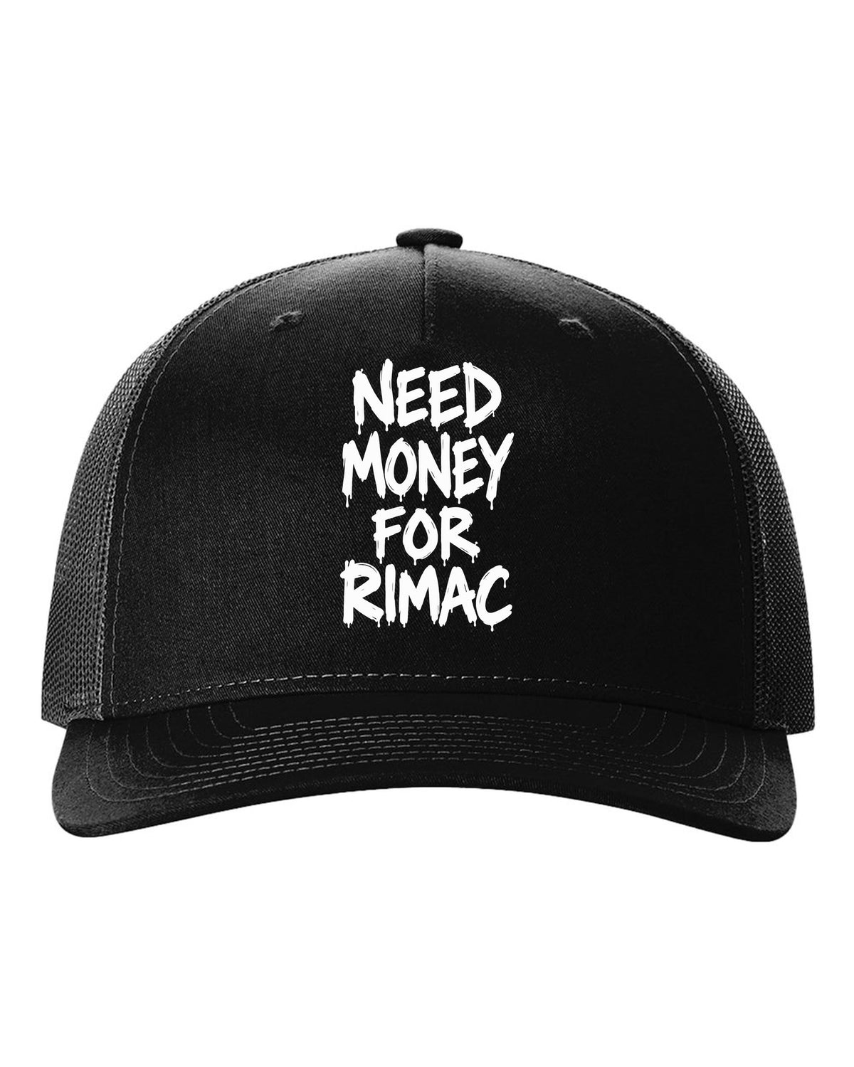 Need money for Rimac dripping marker text black hat front view with the design