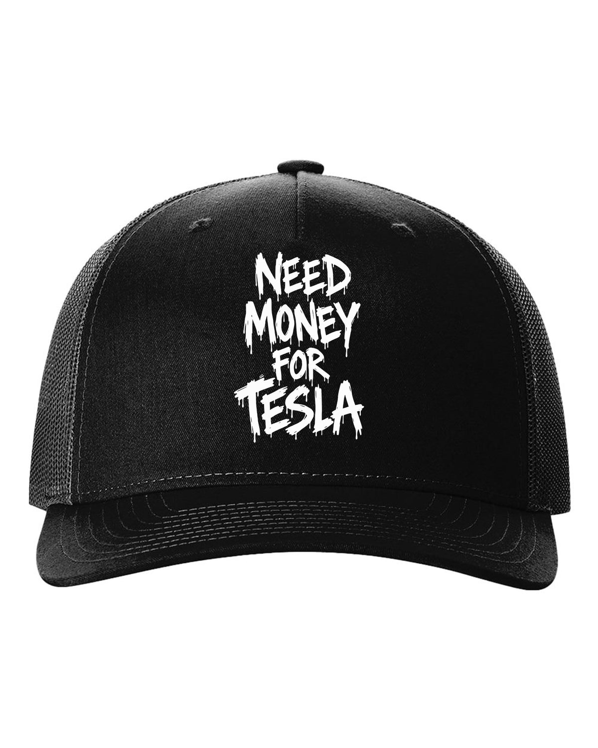 Need money for Tesla dripping marker text black hat front view with the design