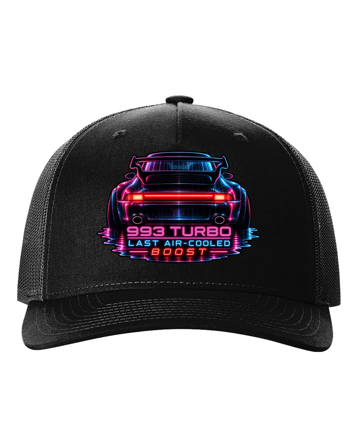 Porsche 993 Turbo neon noir design with glowing rear light bar black hat front view with the design