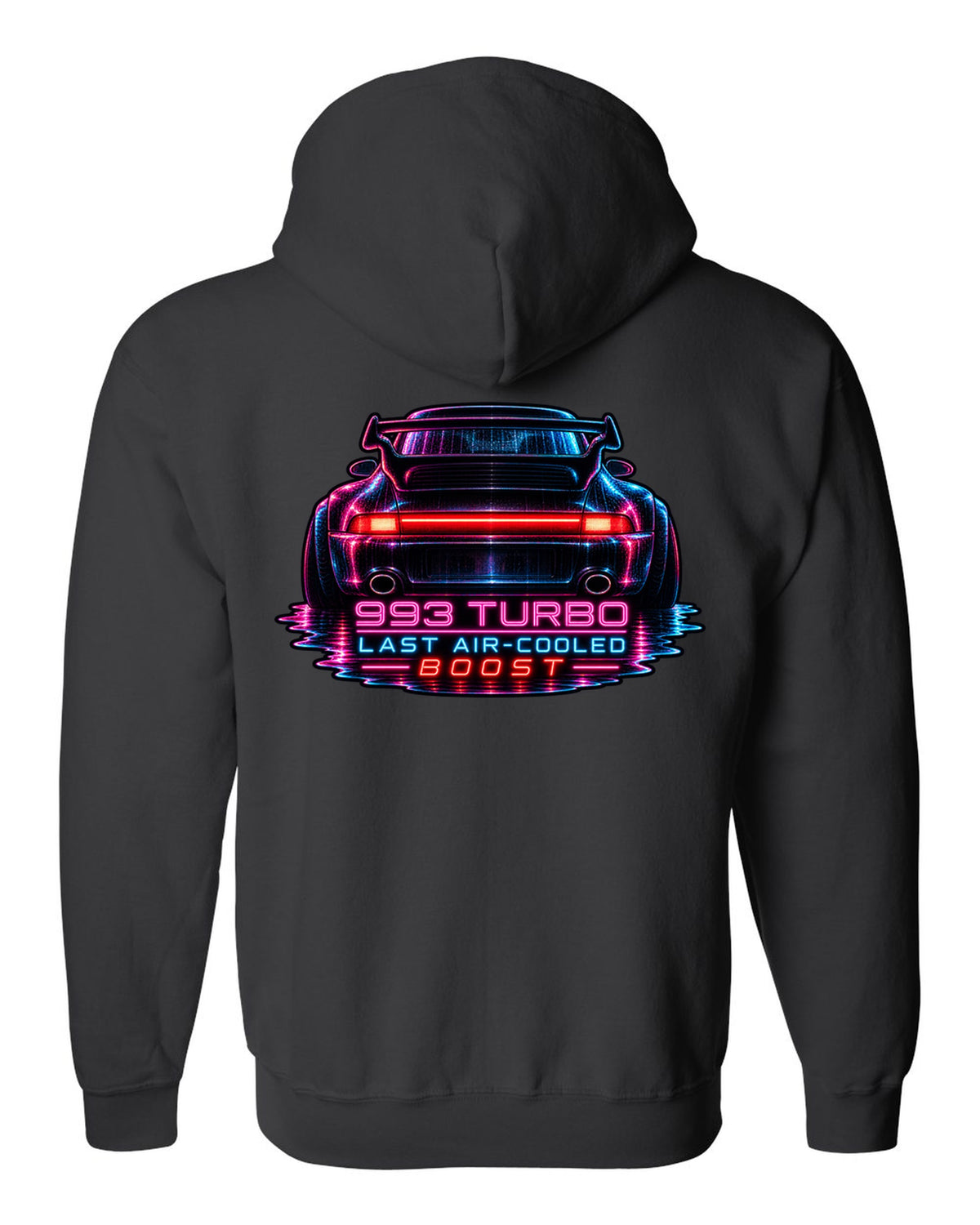 Porsche 993 Turbo neon noir design with glowing rear light bar black zip hoodie back view with the design