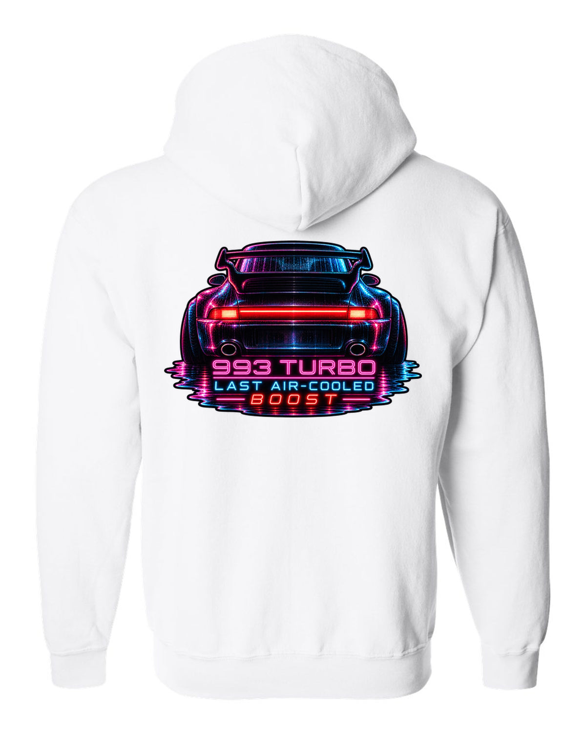 Porsche 993 Turbo neon noir design with glowing rear light bar white zip hoodie back view with the design