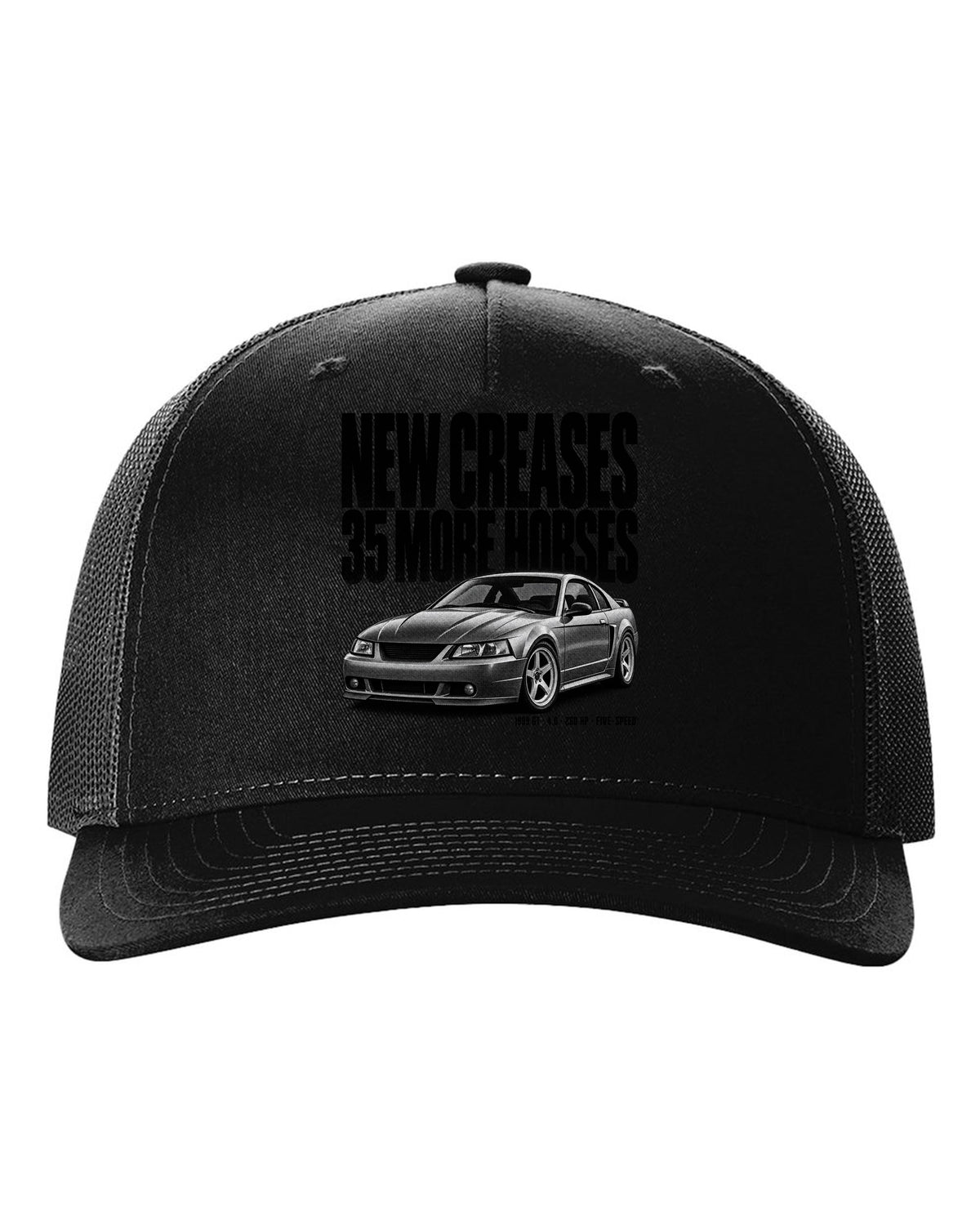 Halftone print of a 1999 Ford Mustang New Edge GT coupe black hat front view with the design