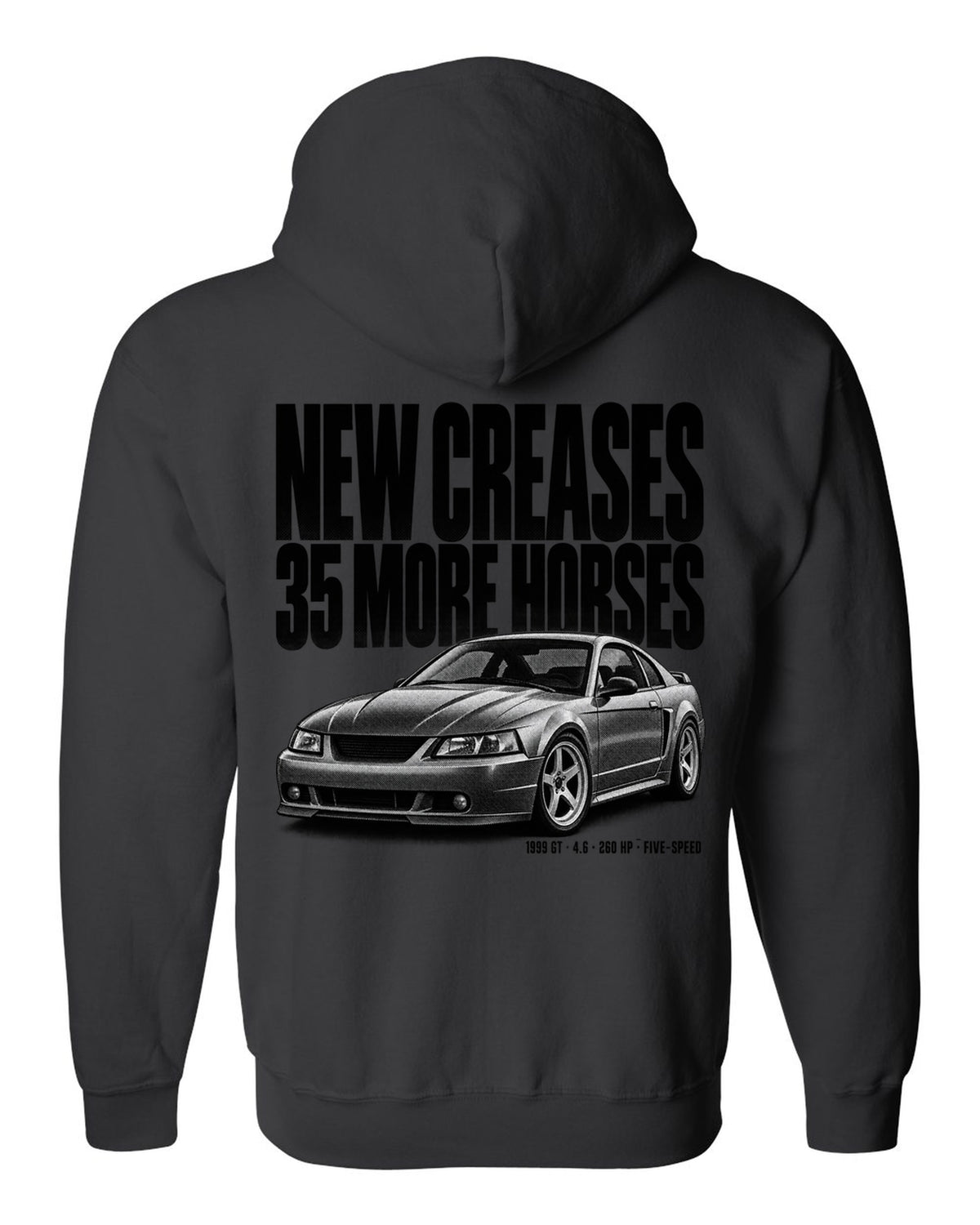 Halftone print of a 1999 Ford Mustang New Edge GT coupe black zip hoodie back view with the design