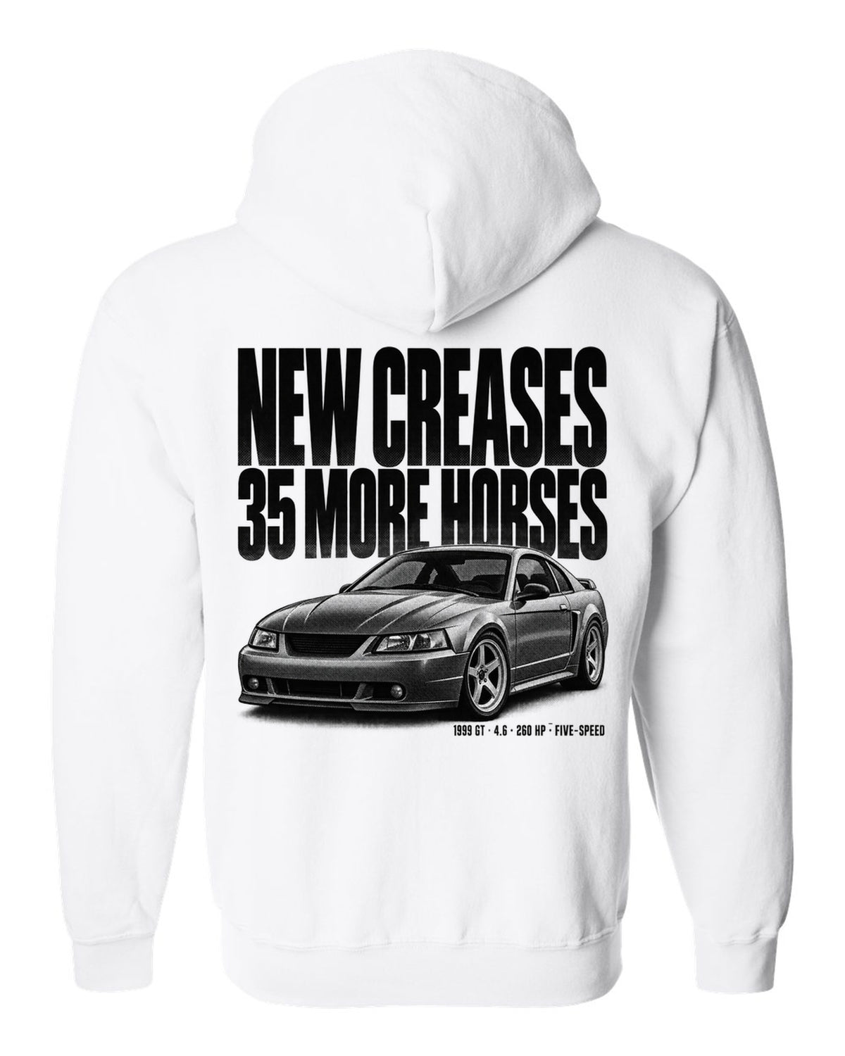 Halftone print of a 1999 Ford Mustang New Edge GT coupe white zip hoodie back view with the design